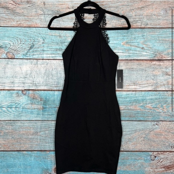 Lulus Lace Halter Dress S Black NWT Y2K Fitted Party Holiday Cocktail Coquette - Picture 2 of 9